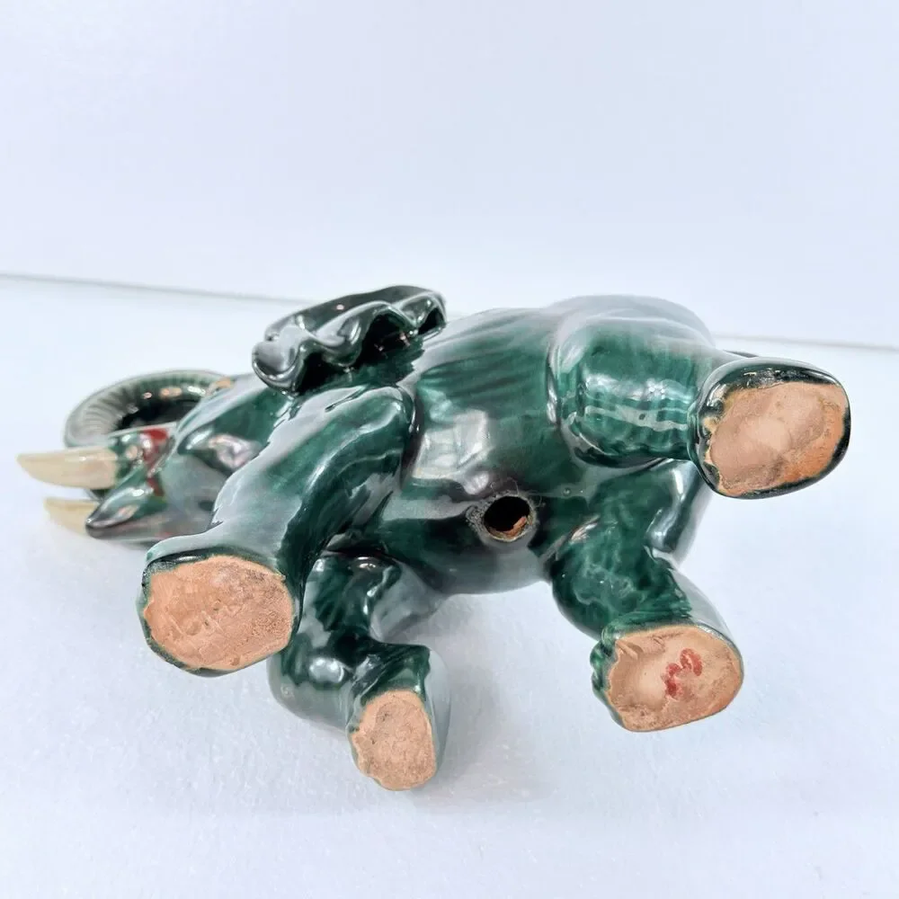 Vtg 1950's Ceramic Art Pottery Elephant Figurine Lucky Trunk Up Green Red Glaze